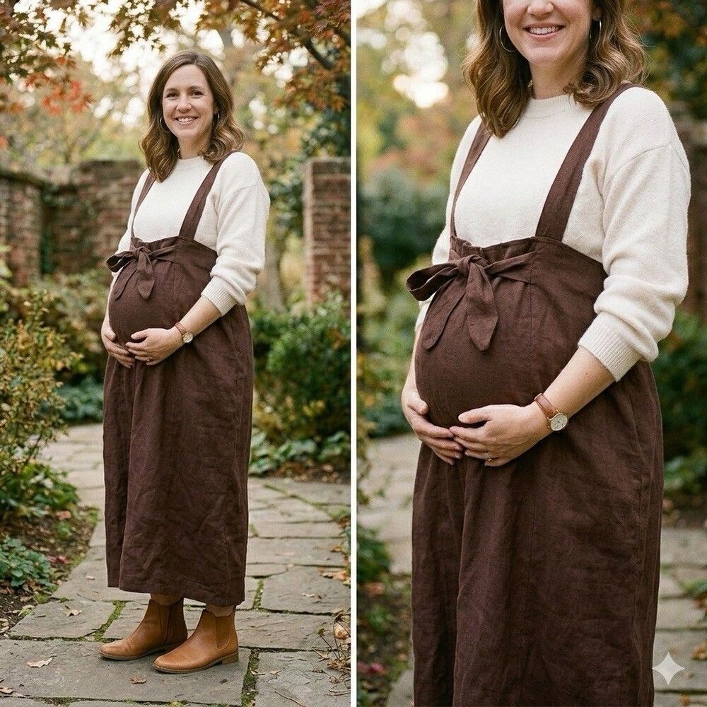 Rare Vintage "Mumsies" Linen Maternity Pinafore Dress M Cottage-core Mama USA